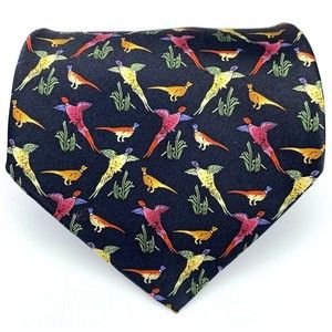 STONEHENGE Black 100% Silk Tie Red Yellow Birds Animal Necktie Made in USA